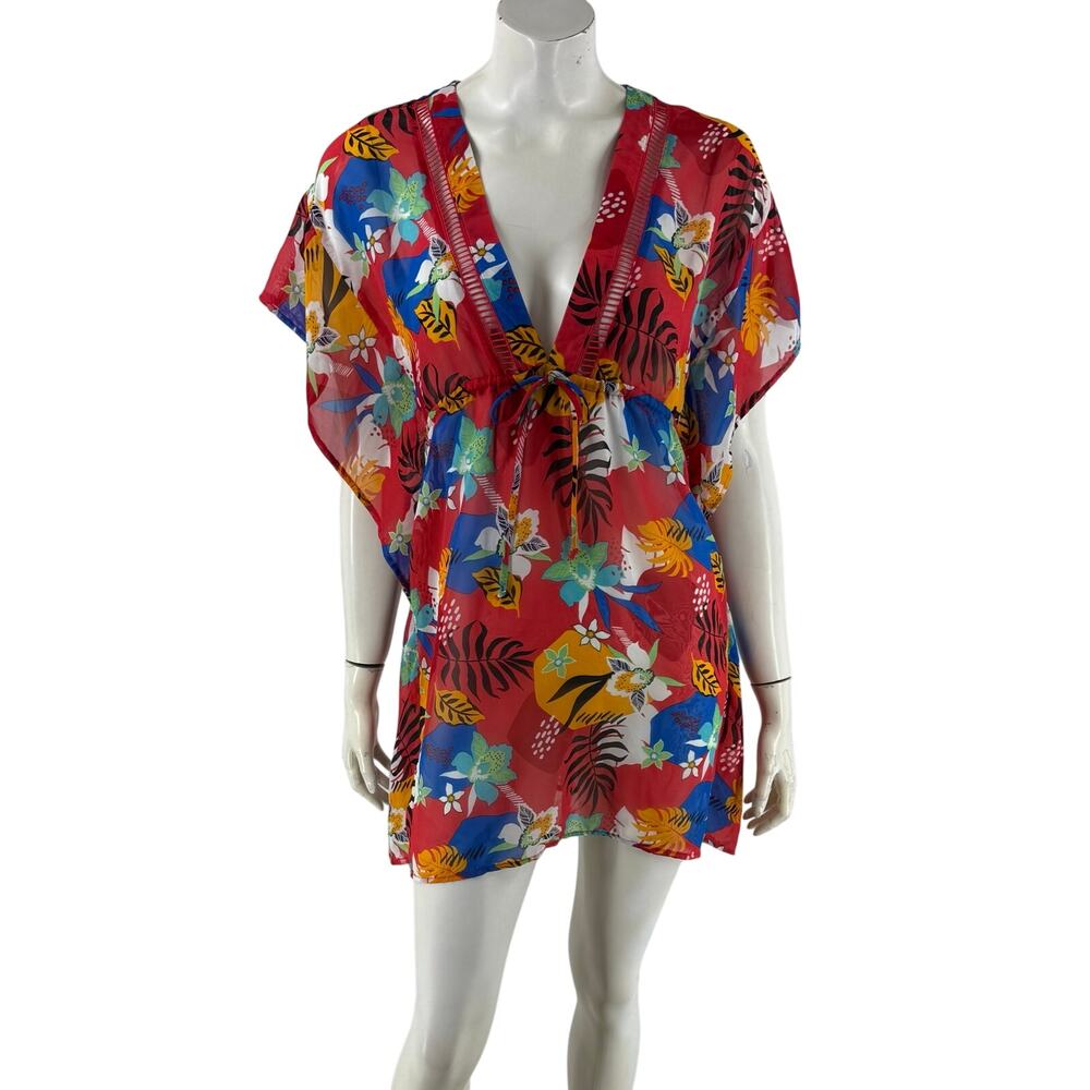 Miken Womens Swim Cover Up Dress Size XS Red Blue Sheer Kimono Sleeve NEW